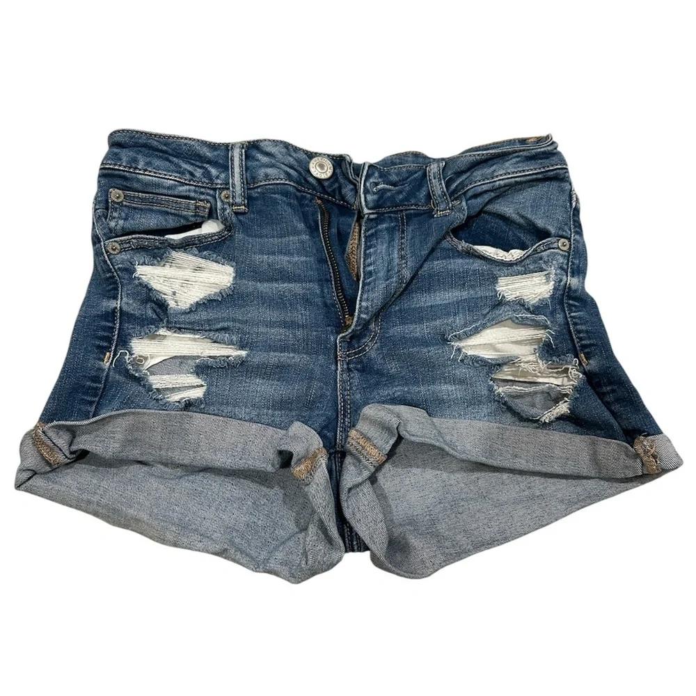 American Eagle Women’s Shorts Size 8 Distressed Dark Medium Wash Hi Rise Shortie - Picture 3 of 10